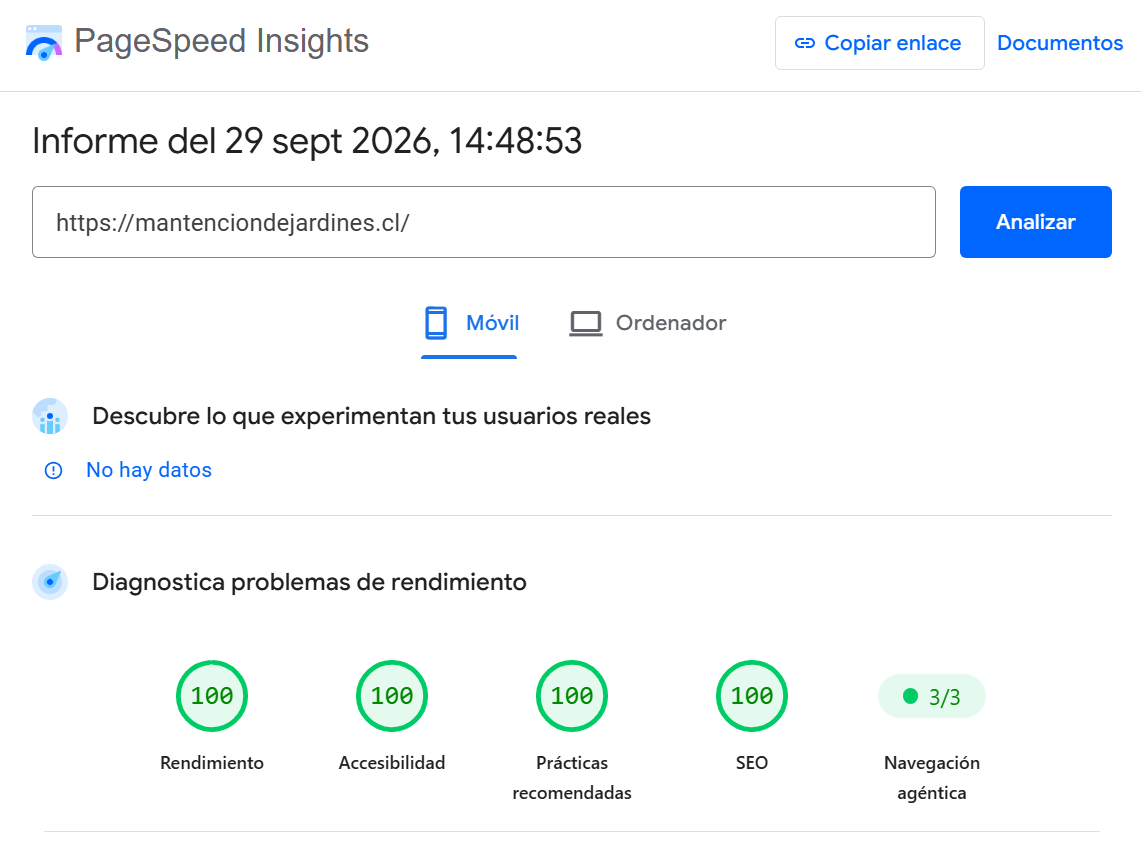 Auditoría oficial de Google PageSpeed Insights certificando 100 de 100 en los cuatro cuadrantes para mantenciondejardines.cl
