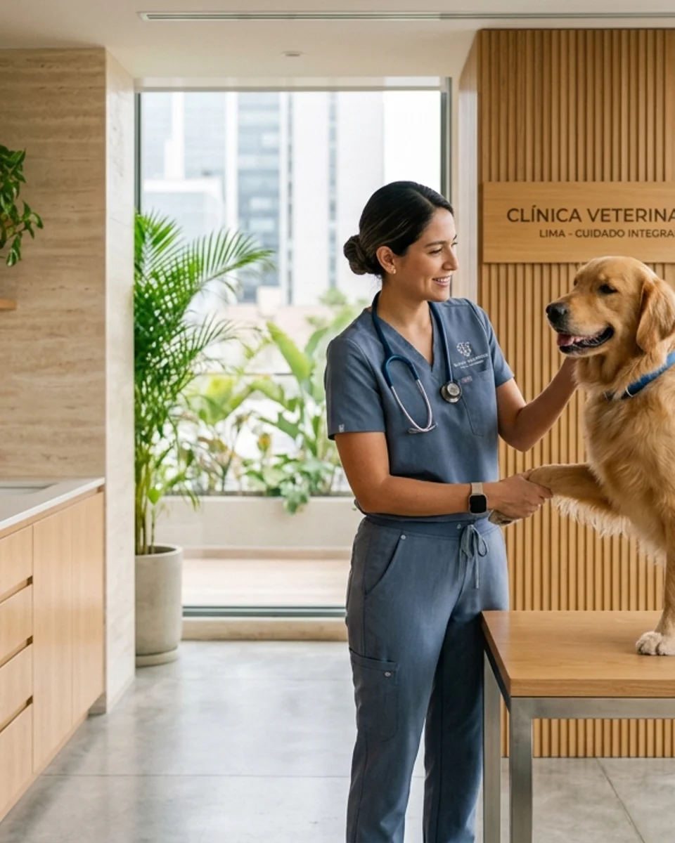Médico veterinario colegiado atendiendo a un paciente en entorno clínico moderno y cálido